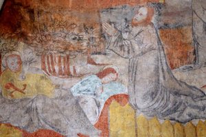 كنيسة Vault de Lugny. لوحة جدارية من القرن السادس عشر. المسيح في آلامه. جثسيماني ، صلى يسوع ، في غضون ذلك ، استراح التلاميذ. فرنسا Â بواسطة غير معروف
