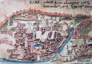 View of Rome, detail, watercolor copy of map by Leonardo Besozzo, Italy
