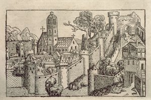 منظر لمدينة الإسكندرية القديمة من كتاب من النقوش بعنوان "Liber Chronicarum" بقلم هـ. شيدل بواسطة فنان غير معروف