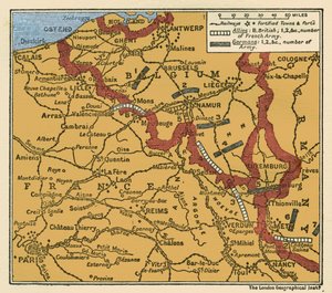 خريطة موقع الجيوش في الحرب العالمية الأولى في 22 أغسطس 1914 بواسطة فنان غير معروف