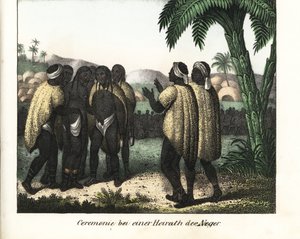 حفل زفاف في إحدى قبائل السنغال. الطباعة الحجرية للكتاب: "Galerie Full en tableaux fidelaux des peuples d