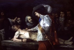 ويليام هارفي (1578-1657) طبيب وعالم فسيولوجي إنجليزي، يظهر هنا الدورة الدموية بواسطة فنان غير معروف