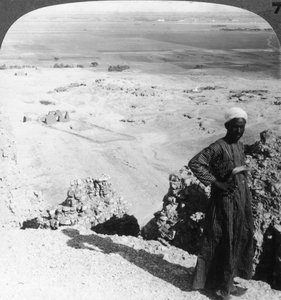 من المنحدرات العالية في دير البحري عبر السهل إلى الأقصر ، طيبة ، مصر ، 1905. بواسطة أندروود أند أندروود