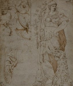 ثلاثة اسكتشات: الثبات ، الصندل ، و Grotesques (وجه الصفحة) ؛ رسومات تخطيطية لـ Grotesques والرومان Cuirass (ظهر) بواسطة غير معروف