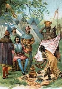 1518 - 1519: غادر فرناند كورتيز لغزو المكسيك واستلم هدايا الإمبراطور مونتيزوما. بواسطة فنان غير معروف