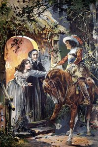 رسم توضيحي من القرن التاسع عشر يصور حلقة من حكاية أطفال: فارس يزور فتاة صغيرة وجدتها. نقش. بواسطة فنان غير معروف