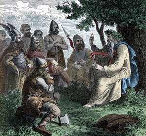 A Bard يتلو على Northmen - Viking Civilization: A Bard Druid يقرأ Poesy للمحاربين ، القرنين الثامن والتاسع بواسطة فنان غير معروف