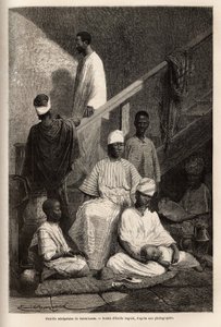 عائلة سنغالية من سانت لويس (سانت لويس). نقش لتوضيح رحلة بحرية على ساحل إفريقيا ، قام به نائب الأدميرال فلوريو دي لانجل ، عام 1868 ، نُشر في "" Le tour du monde "" "1872 ، تحرير إدوارد شارتون ، طبعة Hachette ، باريس. شركة سيلفا بواسطة فنان غير معروف