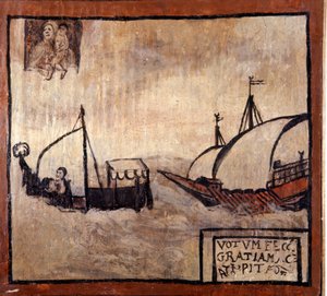 مطبخ صغير يطارد قاربًا من صيادي نابولي. Ex-voto من القرن السابع عشر. مادونا ديل أركو ، نابولي. بواسطة فنان غير معروف