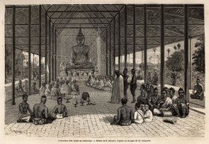 مراسم ترسيم من البرونز في معبد بالقرب من أنغكور ، كمبوديا. نقش لتوضيح رحلة الاستكشاف في الهند الصينية ، بقلم فرانسيس غارنييه ، الملازم دي فايسو ، في 1866-1868 ، نُشر في "" Le tour du monde "" "1870-1871 ، تم تحريره بواسطة بواسطة فنان غير معروف