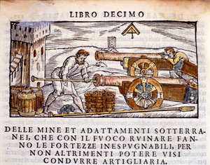 مدفعي يحمل بندقية بالمتفجرات. نقش من حلب المعادن "De la Pyrotechnia" (أو Pirotechnia) بواسطة Vannoccio Biringuccio (1480-1539) 1550. بواسطة فنان غير معروف