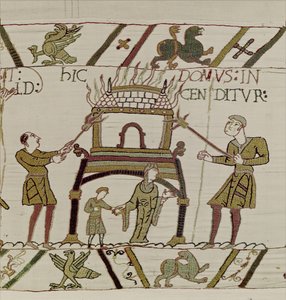 منزل أحرقه النورمانديون ، Bayeux Tapestry (تطريز الصوف على الكتان) بواسطة فنان غير معروف