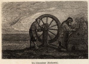 مزيل في إستونيا. رسم هنريت ، لتوضيح رحلته إلى مقاطعات البلطيق الروسية في 1851-54. نقش في "" Le Tour du monde "، تحرير إدوارد شارتون بواسطة فنان غير معروف