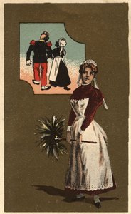 خادم مع ريشة. كانت تحلم بذراع جندي وسيم. الطباعة الحجرية الملونة المجهولة ، أواخر القرن التاسع عشر. بواسطة فنان غير معروف