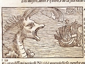 حوت العنبر (؟) (فيزيتر) يهاجم سفينة. نقش بواسطة Olaus Magnus (1490 - 1557) ، عالم ديني وجغرافي سويدي ، "Historia de Gentis Septentrionalibus" ، البندقية بواسطة فنان غير معروف