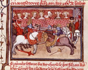 بطولة الفرسان في عهد ملك فرنسا شارل الخامس (1338-1380) صورة مصغرة مأخوذة من "" Les grandes Chronicles de France "" القرن الرابع عشر شانتيلي ، متحف كوندي بواسطة فنان غير معروف