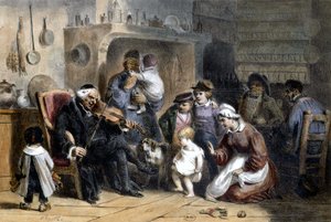 وقفة احتجاجية: اجتمعت العائلة حول كاهن يعزف على الكمان. القرن ال 19. بواسطة فنان غير معروف