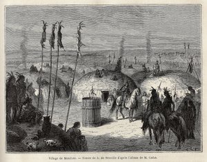 قرية من الهنود المندانيين (أو noumah ka kie: الدراج) على الضفة اليسرى لميزوري ، 600 فرسخ من مدينة سانت لويس. نقش لتوضيح رحلة بين القبائل الهندية لأحواض كولومبيا وميزوري العليا ، بقلم جي كاتلين ، في 1 بواسطة فنان غير معروف