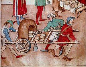 خباز يمشي. مصغرة من "سجلات مجلس كونستانس" بواسطة أولريش ريتشينتال (1360-1437) 1438 تقريبًا ، مكتبة براغ الوطنية بواسطة فنان غير معروف