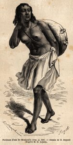 ناقلة مياه من Monkoullo ، وهي امرأة سمهرية (إثيوبيا) ، ترتدي الجزء العلوي من الجلد المتدلي من حبل طويل من ألياف النخيل ، والذي تفرغه في خزان كبير من الطين لسقي الوحش. Engravure pour Illustrrer le voyage en Abyssinie، en 1862 بواسطة Guillaume بواسطة فنان غير معروف