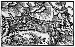 ساحرة تسبب عاصفة بعد "Historia de gentis nortentrionalibu" بواسطة Olaus Magnus ، روما 1555 بواسطة فنان غير معروف