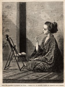 فتاة صغيرة من ييدو (أو إيدو ، طوكيو حاليًا) ، ترسم شفتيها أمام مرآتها ، لها أبعاد صندوق الورنيش الذي يحتوي على احتياجاتها: الأمشاط ، والفرش ، ودبابيس الشعر ، ومسحوق الأسنان ، ومسحوق الأرز ومستحضرات التجميل الأخرى. نقش لتوضيح بواسطة فنان غير معروف