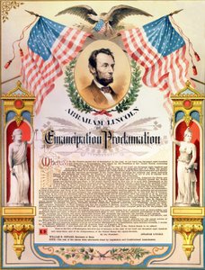 أبراهام لنكولن وإعلانه تحرير العبيد (الأعلام والنسر). 22/09/1862. بواسطة فنان غير معروف