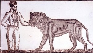 إعلان للسيرك عام 1800 يصور مروضًا يضع يده في فم أسد. بواسطة فنان غير معروف
