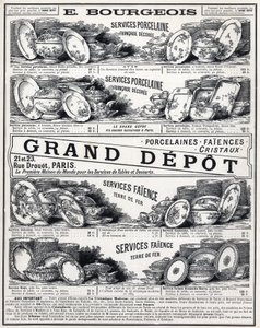 إعلان عام 1889 عن "" La Ceramic Moderne By Le Grand Depot De Porcelaines، Faiences Et Verreries Bourgeois in Paris " بواسطة فنان غير معروف