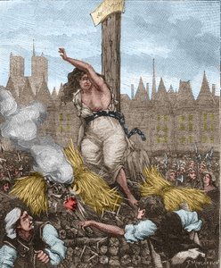 Affaire des Poisons: وُضعت كاثرين ديشايس ، زوجة Monvoisin والمُلقبة بـ La Voisin (1640-1680) على الجزار ، جالسة ومربوطة بالحديد ؛ شتمت وصدت القشة - في فيلم "Paris a travers les siecles" لكينوياك بواسطة فنان غير معروف