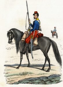 صياد أفريقي يمتطي حصانًا ، فوج تأسس عام 1831 وكان موجودًا في الجزائر عام 1832. في "" Storia d'Algeri "، ليون غاليبرت ، المجلد 2 بواسطة فنان غير معروف