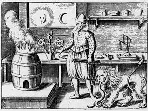 Alchimie - La flamamme - نقش عام 1659 في "L'Azoth des Philosophes" ، باسيل فالنتين (Basilius Valentinus) راهب بندكتيني من القرن الخامس عشر بواسطة فنان غير معروف