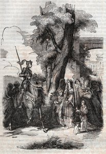 تأتي ألسينا ومحكمتها لتحية روجيرو - نقش عام 1851 من قصيدة أورلاندو فوريوسو (1516) للودوفيكو أريوستو - طبعة مترجمة من الإيطالية بواسطة كونت تريسان ونشرها غوستاف هارفارد 1851 بواسطة فنان غير معروف