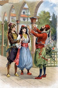 علي بابا. (علي بابا) (حكايات الألف ليلة وليلة): لمكافأة مورجيان ، أعطاها علي بابا للزواج من ابنه. الطباعة الحجرية الملونة في القرن التاسع عشر بواسطة فنان غير معروف