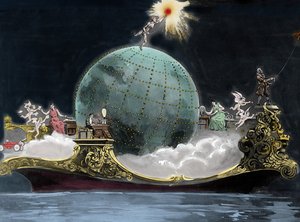 قصة رمزية حول تقدم العلوم والتكنولوجيا المتعلقة بالكهرباء: في جميع أنحاء العالم يتم تمثيل الفيزيائي الإيطالي غولييلمو ماركوني (1874-1937) ، مخترع التلغراف ، وامرأة على محطة تلغراف لاسلكية وعلى اليسار بنيامين بواسطة فنان غير معروف