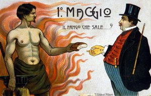 رمزية الصراع الطبقي: 1 مايو: طين يرتفع ، عامل يقدم خبزًا برجوازيًا. 1898 بواسطة فنان غير معروف