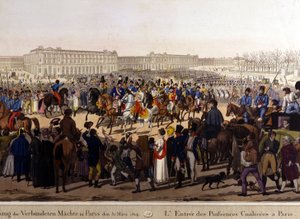دخل الحلفاء باريس في 31 مارس 1814 (روسيا الإسكندر الأول والإمبراطور النمساوي فرانسيس جوزيف الأول والملك البروسي فريدريك ويليام الثالث.) نقش القرن التاسع عشر بواسطة فنان غير معروف
