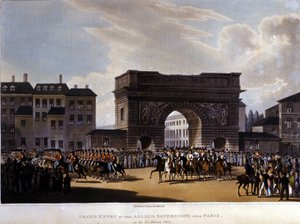دخل الحلفاء باريس في 31 مارس 1814 (روسيا الكسندر الأول ، الإمبراطور النمساوي فرانسوا الأول والملك البروسي فريدريك ويليام الثالث.) نقش عام 1826 بواسطة فنان غير معروف
