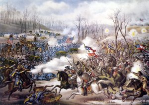 الحرب الأهلية الأمريكية (1861 - 1865): معركة بيا ريدج أو إلكورن تافرن (أركنساس) 06 - 08 مارس 1862. نقش من القرن التاسع عشر. بواسطة فنان غير معروف