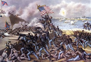 الحرب الأهلية الأمريكية (1861 - 1865): هجوم على فورت واغنر في جزيرة جيكل قبالة جورجيا بواسطة 2000 متطوع أسود في يوليو 1863. نقش من القرن التاسع عشر. بواسطة فنان غير معروف