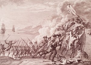 الحرب الثورية الأمريكية: غزو دومينيكا من قبل الجيش الفرنسي في 7 سبتمبر 1778 (نقش بواسطة فنان غير معروف