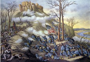 حرب الانفصال الأمريكية أو الحرب الأهلية (1861 - 1865): 23/11/1863 ، معركة جبل لوكاوت في تينيسي ، وهو هجوم يعرف اليوم باسم معركة الغيوم بسبب الضباب الذي سمح للقوات الفيدرالية بالتقدم بشكل أسرع. نقش القرن التاسع عشر. بواسطة فنان غير معروف