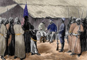 لقاء بين ديفيد ليفينغستون (1813-1873) ، المبشر الإنجليزي والمستكشف لأفريقيا ، وهنري مورتون ستانلي ، صحفي ويلز ، مستكشف إفريقيا (1841-1904) في قرية في وسط إفريقيا. بواسطة فنان غير معروف