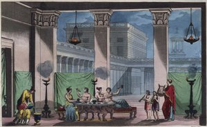 اليونان القديمة - Triclinium - نقش من عادات وتقاليد جميع شعوب الكون. أي تاريخ الحكومة ، والقوانين ، والميليشيات ، ودين جميع الأمم من أبعد الأوقات حتى يومنا هذا "1856 بواسطة فنان غير معروف