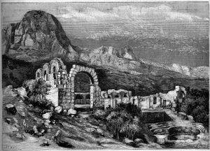 العمارة القديمة: أنقاض معبد زغوان الروماني (تونس). نقش لريوجل في "" العالم المصور "" رقم 1308 بتاريخ 22 أبريل 1882. بواسطة فنان غير معروف