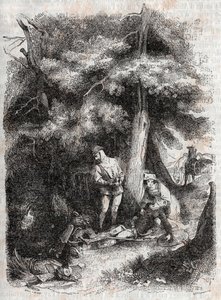 أنجيليك (أنجليكا) إنقاذ ميدور (ميدورو) wesse - نقش 1851 من "Furious Roland" (أورلاندو فوريوسو) (القرن السادس عشر) من قبل Ludovico Ariosto ، المعروف باسم Ariosta - طبعة مترجمة من الإيطالية بواسطة Count of Tressan ونشرها غوستاف هارف بواسطة فنان غير معروف
