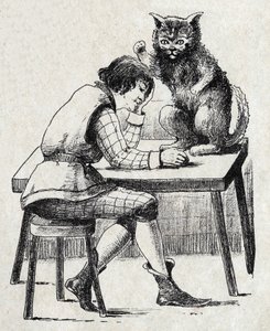رسم توضيحي مجهول لـ "Le chat Botte" "للكاتب الفرنسي شارل بيرولت (1628-1703). الصور مارسيل فاني ، جارفيل نانسي ، بدون تاريخ (أواخر القرن التاسع عشر). بواسطة فنان غير معروف