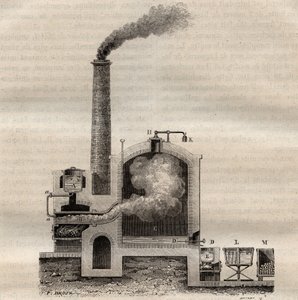 جهاز من تصميم Michel de Marseille لتقطير الكبريت الخام - نقش في Les Merveilles de l'Industrie بواسطة Louis Figuier بواسطة فنان غير معروف