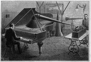 جهاز لتسجيل قطعة بيانو بواسطة الفونوغراف ، اختراع توماس ألفا إديسون (1847-1931). النقش في "" الطبيعة. مجلة العلوم وتطبيقاتها في الفنون والصناعة " بواسطة فنان غير معروف