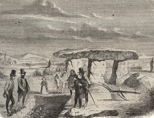 الحفريات الأثرية: اكتشاف مقابر الغال بالقرب من Dolmen de la Pierre aux Fees (Pierre-aux-Fees) في الواحة (60). نقش من 1856 في "" Le Musee Des Sciences "" بواسطة فنان غير معروف